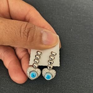Silver Heart Drop Earrings with Blue Eye Accent - Women Accessories